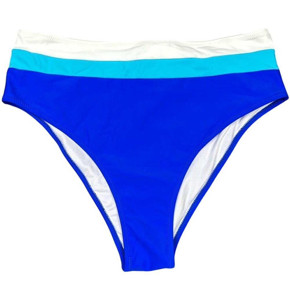 Hilinker High Waisted Bikini Bottoms Large NWT Blue Color Block Tummy Control